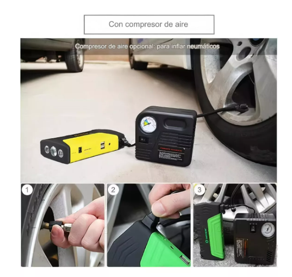 Set Partidor Auto-Moto Cargador Baterias e Inflador de Ruedas